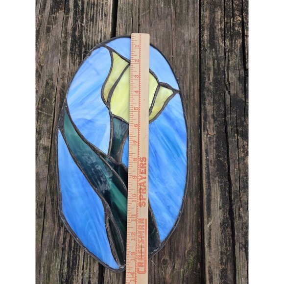 Leaded Floral Stained Glass Yellow Tulip Sun Catcher Flower 7.5" X 14" Hand Made - Picture 10 of 13